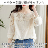 レディース カットソー レース 刺繍 通販 Tシャツ チュニック ブラウス ロングTシャツ ゆったり ロング丈 ロング 長袖 切り替え 透かし編み ぽわん袖 コットン 綿 春 夏 透け感 大人