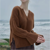 MIND マインド ラクーン シルクニット 通販 セーター キーネックニット 重ね着 レイヤード シルク ニット ドロップショルダー シルクウール キーネック 保温性 あたたかい 暖かい 袖 長め