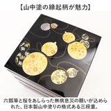 重箱 3段 小さめ 通販 日本製 山中塗り お重 おせち料理 六瓢箪ひょうたん 桜柄 五寸サイズ角重 黒塗り内朱仕上げ ２人前３人前用 お正月おせち用 運動会 お花見 行楽ピクニック