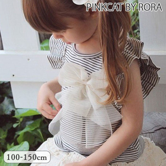 Rora Tシャツ 半袖 キッズ 通販 ローラ カットソー プリン肩フリルT ボーダー リボン カジュアル 夏服 春 秋 トップス かわいい おしゃれ 可愛い オシャレ 女の子 女子 子供 子ども