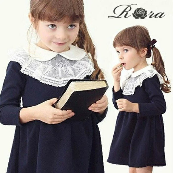 ワンピース キッズ 長袖 通販 ドレスワンピース 10002866 子供 ドレス 女の子 卒園式 入園式 入学式 結婚式 パーティ 発表会 七五三 丸襟 レース 紺 ネイビー かわいい オシャレ 可愛い