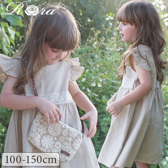 Rora ワンピース キッズ 通販 ローラ リネンワンピース ノエル 半袖 フリル レース 無地 コットンリネン 綿麻 夏服 夏 カジュアル ナチュラル かわいい おしゃれ 女の子 女子 子供 子ども