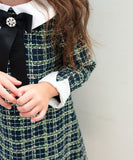 Rora ワンピース 通販 パハリータ ブローチ付きワンピース 子供服 ワンピ 長袖 フォーマルワンピース ツイード リボン 女の子 キッズ 子供 こども 子ども 入園 卒園 入学 結婚式