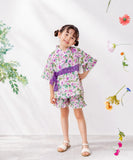Rora 甚平 キッズ 女の子 通販 ローラ はなよい 花宵 上下セット セットアップ 半袖 かわいい 可愛い 紫 パープル 浴衣 フリル レース帯 夏祭り 盆踊り 花火大会 幼稚園 保育園 小学生
