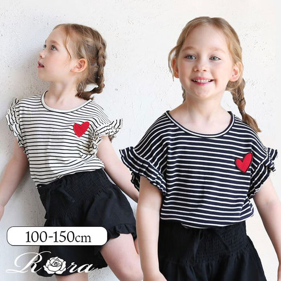 キッズ Tシャツ 半袖 女の子 通販 カットソー 73022401 半袖Tシャツ 夏服 フリル ボーダー ハート ワンポイント ドロップショルダー 可愛い おしゃれ かわいい オシャレ こども 女子 通園