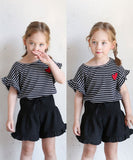 キッズ Tシャツ 半袖 女の子 通販 カットソー 73022401 半袖Tシャツ 夏服 フリル ボーダー ハート ワンポイント ドロップショルダー 可愛い おしゃれ かわいい オシャレ こども 女子 通園