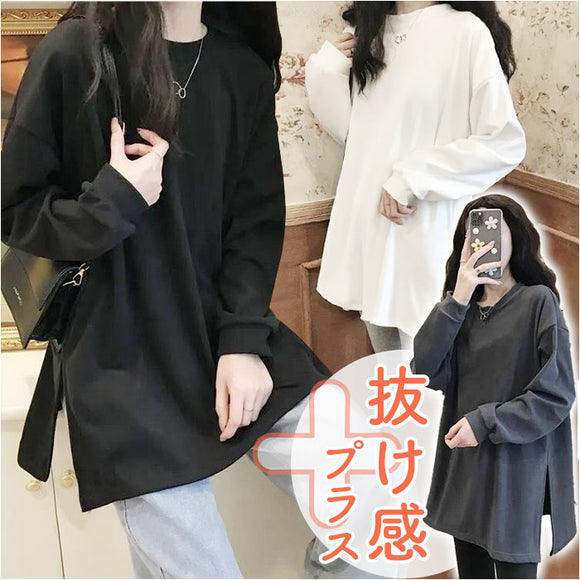 tシャツ 長袖 レディース クルーネック 通販 シャツ Tシャツ ロンT ロングTシャツ トップス カットソー 無地 シンプル おしゃれ かわいい ゆったり 長め サイドスリット 通勤 通学