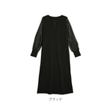 ワンピース レディース ロング丈 通販 ワンピ 普段着 シフォンスリーブ スリット スリットネック 透け感 長袖 シアー シアー袖 ロング 高級感 大人 シンプル 無地 あったか あたたかい