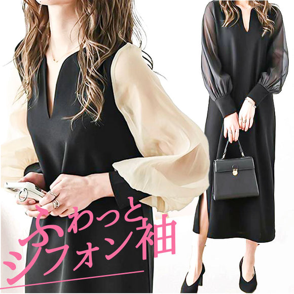 ワンピース レディース ロング丈 通販 ワンピ 普段着 シフォンスリーブ スリット スリットネック 透け感 長袖 シアー シアー袖 ロング 高級感 大人 シンプル 無地 あったか あたたかい