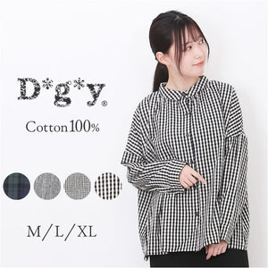 DGY ディージーワイ チェックシャツ レディース 通販 ブラウス シャツ ギャザーブラウス ボタン ギャザー 長袖 チェック柄 ナチュラル ゆったり 体型カバー 首元すっきり 女性 カジュアル