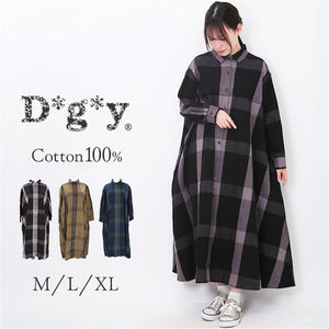 DGY ディージーワイ チェックワンピース レディース 通販 ワンピース チェックワンピ ワンピ ロングワンピース シャツワンピース レディースワンピース ロング ボタン 衿付き 長袖