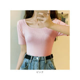 ニット 半袖 通勤 スクエア スクエアネック 通販 Tシャツ セーター タイト スリム フィット プルオーバー 春 夏 薄手 上品 無地 シンプル きれいめ 着回し トップス おしゃれ