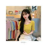 ニット 半袖 通勤 スクエア スクエアネック 通販 Tシャツ セーター タイト スリム フィット プルオーバー 春 夏 薄手 上品 無地 シンプル きれいめ 着回し トップス おしゃれ