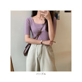 ニット 半袖 通勤 スクエア スクエアネック 通販 Tシャツ セーター タイト スリム フィット プルオーバー 春 夏 薄手 上品 無地 シンプル きれいめ 着回し トップス おしゃれ