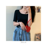 ニット 半袖 通勤 スクエア スクエアネック 通販 Tシャツ セーター タイト スリム フィット プルオーバー 春 夏 薄手 上品 無地 シンプル きれいめ 着回し トップス おしゃれ