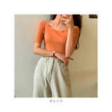 ニット 半袖 通勤 スクエア スクエアネック 通販 Tシャツ セーター タイト スリム フィット プルオーバー 春 夏 薄手 上品 無地 シンプル きれいめ 着回し トップス おしゃれ