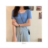 ニット 半袖 通勤 スクエア スクエアネック 通販 Tシャツ セーター タイト スリム フィット プルオーバー 春 夏 薄手 上品 無地 シンプル きれいめ 着回し トップス おしゃれ