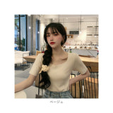 ニット 半袖 通勤 スクエア スクエアネック 通販 Tシャツ セーター タイト スリム フィット プルオーバー 春 夏 薄手 上品 無地 シンプル きれいめ 着回し トップス おしゃれ