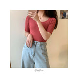 ニット 半袖 通勤 スクエア スクエアネック 通販 Tシャツ セーター タイト スリム フィット プルオーバー 春 夏 薄手 上品 無地 シンプル きれいめ 着回し トップス おしゃれ
