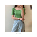 ニット 半袖 通勤 スクエア スクエアネック 通販 Tシャツ セーター タイト スリム フィット プルオーバー 春 夏 薄手 上品 無地 シンプル きれいめ 着回し トップス おしゃれ