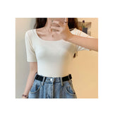 ニット 半袖 通勤 スクエア スクエアネック 通販 Tシャツ セーター タイト スリム フィット プルオーバー 春 夏 薄手 上品 無地 シンプル きれいめ 着回し トップス おしゃれ