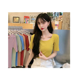 ニット 半袖 通勤 スクエア スクエアネック 通販 Tシャツ セーター タイト スリム フィット プルオーバー 春 夏 薄手 上品 無地 シンプル きれいめ 着回し トップス おしゃれ