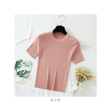ニット 半袖 通勤 ラウンドネック 通販 Tシャツ セーター タイト スリム フィット プルオーバー 春 夏 薄手 上品 無地 シンプル きれいめ 着回し トップス おしゃれ