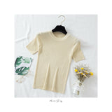 ニット 半袖 通勤 ラウンドネック 通販 Tシャツ セーター タイト スリム フィット プルオーバー 春 夏 薄手 上品 無地 シンプル きれいめ 着回し トップス おしゃれ