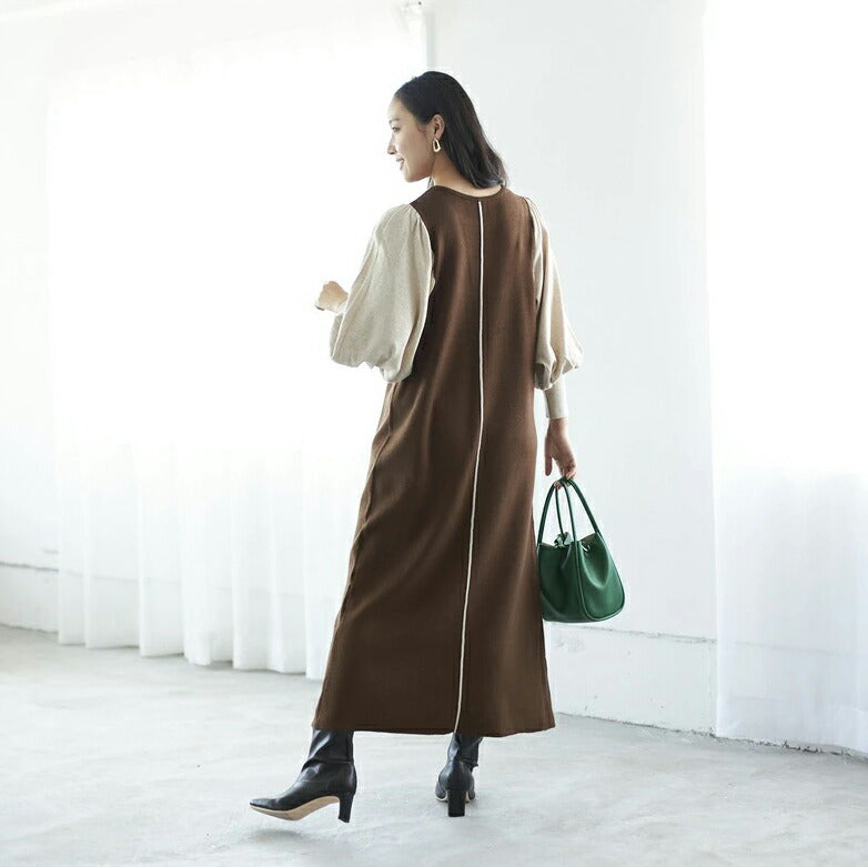 ニットワンピース ロング ワンピース 通販 レディース 切り替え ワンピ ロングワンピース 切り替えワンピース 秋冬 長袖 きれいめ バルーンスリーブ 配色ボリューム袖ニットワンピース 秋
