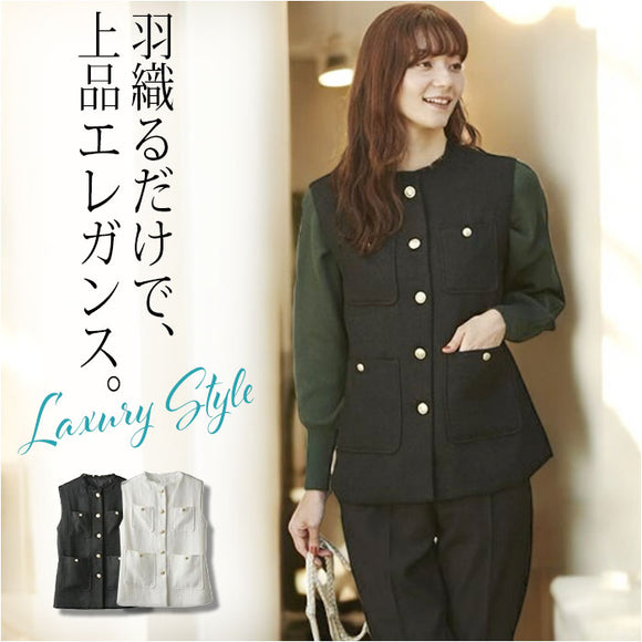 前 開き ベスト レディース 秋冬 通販 ジレ 前開き おしゃれ 秋 冬 きれいめ ツイード いつもの服をアップデート、ツイードベスト 重ね着 金ボタン 金釦 オフィスカジュアル 仕事着