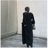 ワンピース レディース ニット きれいめ 通販 ワンピ 長袖 プリーツ パフスリーブ Vネック ロング丈 マキシ丈 体型カバー 無地 着回し リブニット ハイウエスト 秋 春 冬 エレガント