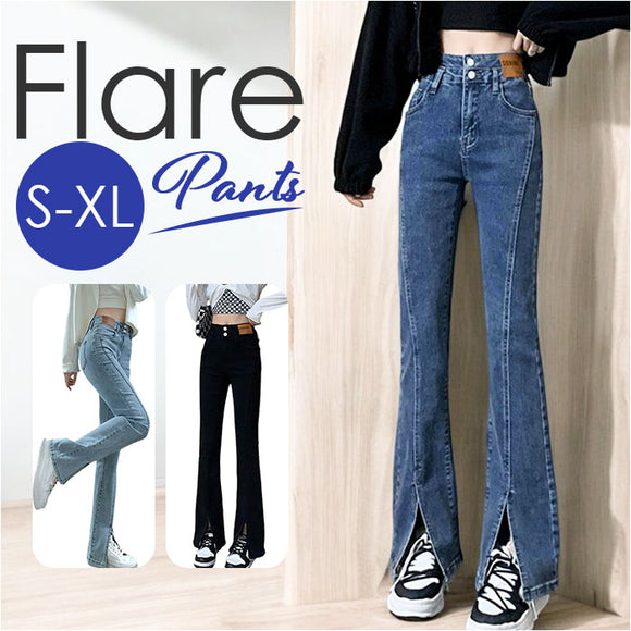 デニムパンツ スリット レディース 通販 フレアデニムパンツ フレアパンツ ジーンズ パンツ デニム ベルボトム フレア 長ズボン ズボン ロングパンツ ハイウエスト ブーツカット