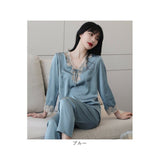 パジャマ 上下セット レディース 長袖 通販 寝間着 寝巻き 寝巻 部屋着 ルームウエア ルームウェア 上下 セット パンツ ズボン レースリボン 薄い シンプル 薄手 肌触りが良い 春 秋 夏