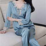 パジャマ 上下セット レディース 長袖 通販 寝間着 寝巻き 寝巻 部屋着 ルームウエア ルームウェア 上下 セット パンツ ズボン レースリボン 薄い シンプル 薄手 肌触りが良い 春 秋 夏