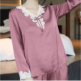 パジャマ 上下セット レディース 長袖 通販 寝間着 寝巻き 寝巻 部屋着 ルームウエア ルームウェア 上下 セット パンツ ズボン レースリボン 薄い シンプル 薄手 肌触りが良い 春 秋 夏