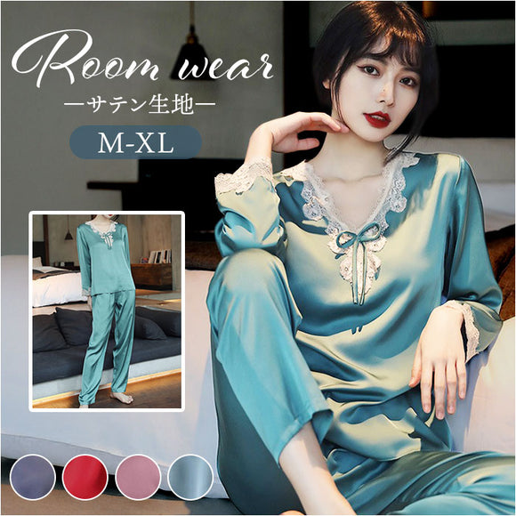 パジャマ 上下セット レディース 長袖 通販 寝間着 寝巻き 寝巻 部屋着 ルームウエア ルームウェア 上下 セット パンツ ズボン レースリボン 薄い シンプル 薄手 肌触りが良い 春 秋 夏