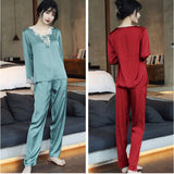 パジャマ 上下セット レディース 長袖 通販 寝間着 寝巻き 寝巻 部屋着 ルームウエア ルームウェア 上下 セット パンツ ズボン レースリボン 薄い シンプル 薄手 肌触りが良い 春 秋 夏