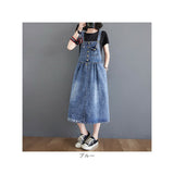 デニム ジャンパースカート 通販 スカート ジャンスカ オールインワン 重ね着 ワンピース デニムドレス ノースリーブ ボタン 体形カバー ゆったり 切り替え 切替 シンプル ポケット