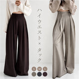 タックワイドパンツ レディース 通販 ハイウエストパンツ ウエストリボン ロング丈パンツ きれいめカジュアル オフィスカジュアル 体型カバーパンツ 女子 美脚ワイドパンツ