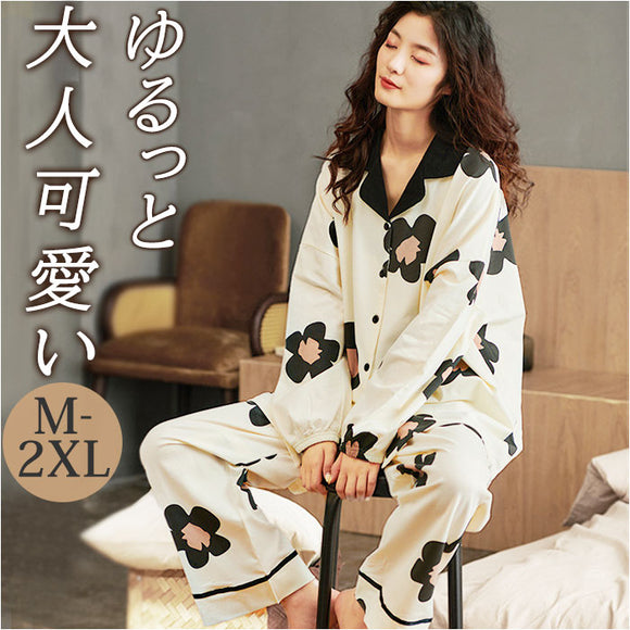 パジャマ ルームウェア レディース 上下セット 通販 寝巻 寝間着 寝巻き 部屋着 ルームウエア ズボン 長ズボン 上下 セット 長袖 ゆったり 折り襟 襟 大きいサイズ 前開き 暖かい