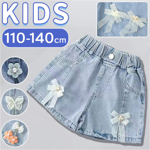 デニムショートパンツスカート 通販 パンツ ショートパンツ 短パン 子供服 こども服 子ども服 子供 女の子 ボトムス プリーツ 花 ポケット付き 通園 通学 お出かけ 外出 カジュアル