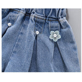 デニムショートパンツスカート 通販 パンツ ショートパンツ 短パン 子供服 こども服 子ども服 子供 女の子 ボトムス プリーツ 花 ポケット付き 通園 通学 お出かけ 外出 カジュアル