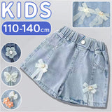 デニムショートパンツスカート 通販 パンツ ショートパンツ 短パン 子供服 こども服 子ども服 子供 女の子 ボトムス プリーツ 花 ポケット付き 通園 通学 お出かけ 外出 カジュアル