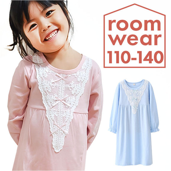 パジャマ キッズ ルームウェア 通販 子ども こども ネグリジェ 姫 女の子 子供服 部屋着 長袖 長そで ルームワンピース プリンセス コットン 綿 かわいい ナイトドレス レース リボン