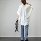 シャツ ブラウス レディース 五分袖 通販 チュニック ドルマンシャツ ロングシャツ 無地シャツ レディースシャツ ロング ドルマン vネック お尻が隠れる オーバーサイズ 無地 5分袖