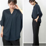 シャツ ブラウス レディース 五分袖 通販 チュニック ドルマンシャツ ロングシャツ 無地シャツ レディースシャツ ロング ドルマン vネック お尻が隠れる オーバーサイズ 無地 5分袖