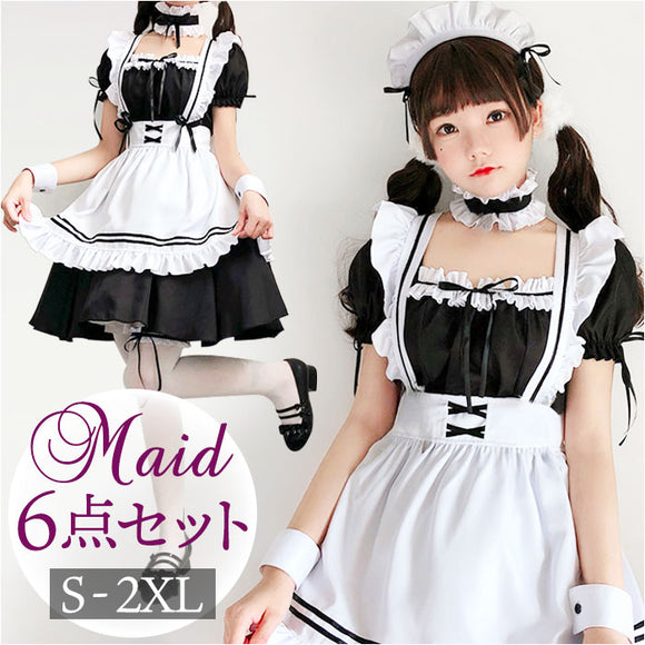 メイド服 可愛い 通販 コスプレ 衣装 女性 ワンピース ドレス コス コスチューム メイド 半袖 ミニスカート フリル 膝丈 エプロン チョーカー リストバンド ガーリー ロリータ パーティー