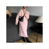 ロングワンピース 秋冬 通販 ワンピース ワンピ ニットワンピース 長袖 ロング おしゃれ きれいめ カジュアル レディース ラウンドネック Iライン フリンジ シンプル 無地 通勤 通学