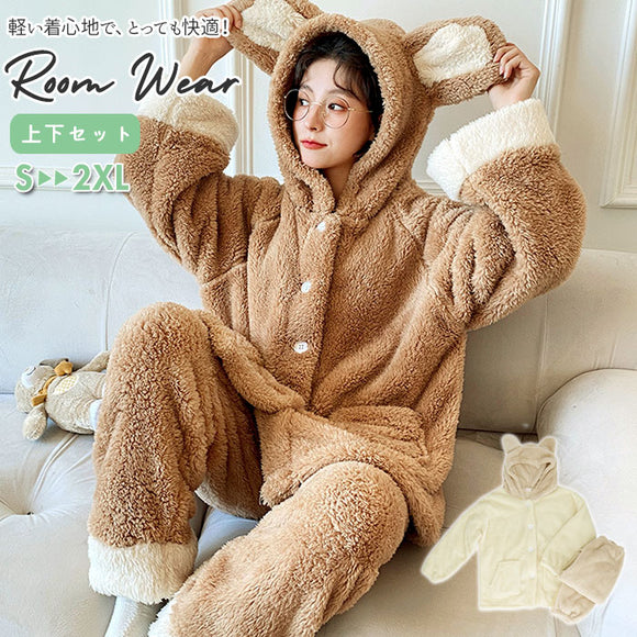 ルームウェア 冬 レディース 通販 パジャマ 暖かい もこもこ かわいい ナイトウェア 可愛い 長袖 ロングパンツ モコモコ 部屋着 大きいサイズ 寝巻 ガウン セットアップ 上下 冬用