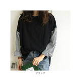 トップス レディース 長袖 通販 カットソー Tシャツ シャツ ブラウス プルオーバー 切り替え 異素材 春 ラウンドネック カジュアル きれいめ 重ね着風 レイヤード風 ドッキング ゆったり
